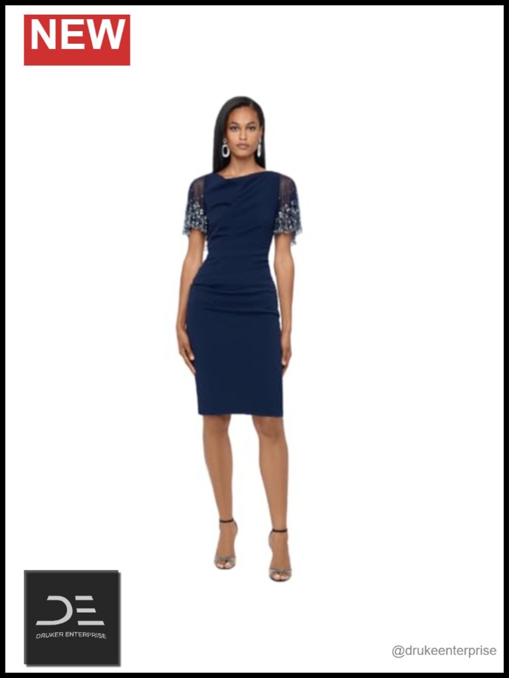 Ruched Crepe Sheath Dress Beaded Flutter Sleeve Cocktail